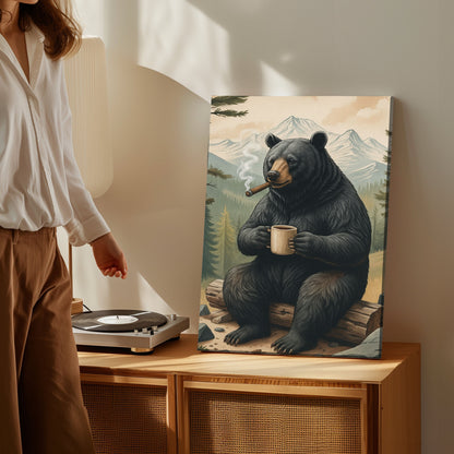 Rustic Bear Wall Art – Coffee & Cigar Cabin Decor Canvas for Hunters, Outdoorsmen & Lodge Gift