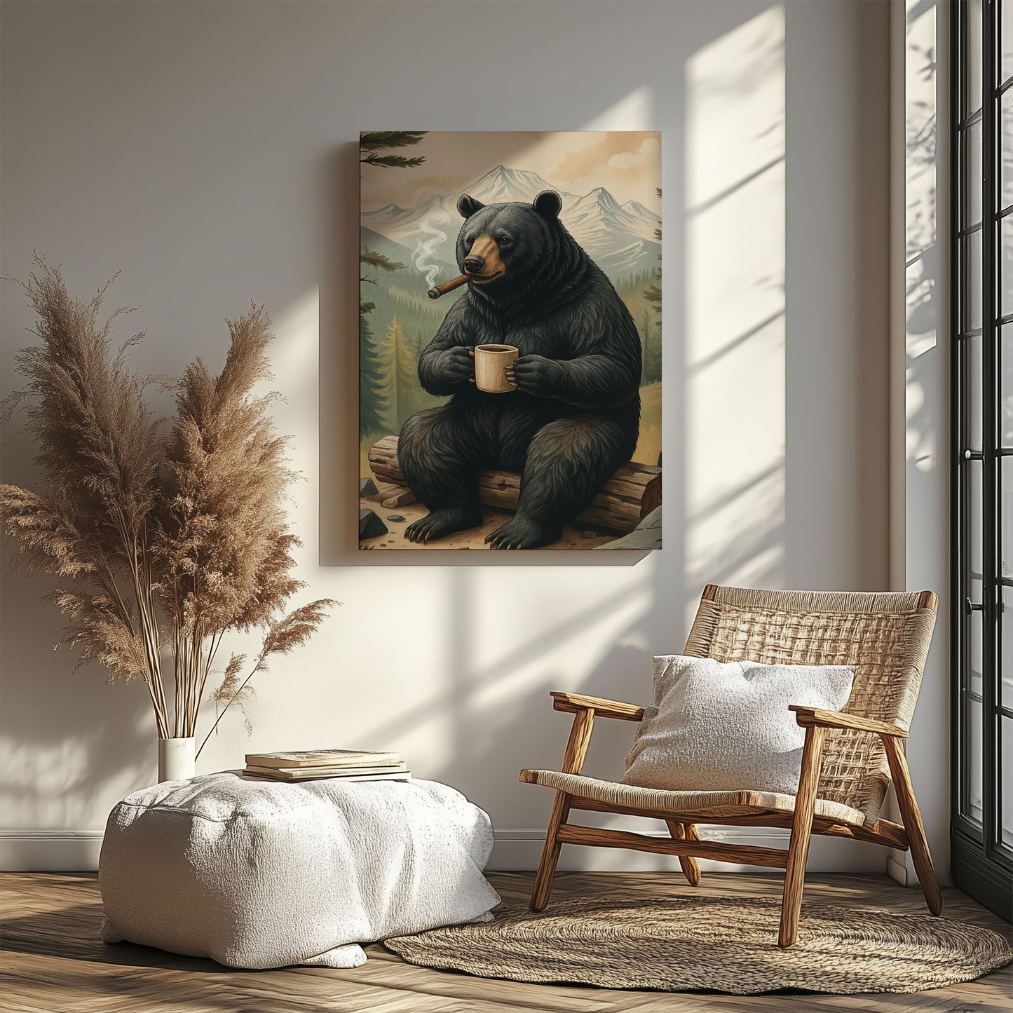 Rustic Bear Wall Art – Coffee & Cigar Cabin Decor Canvas for Hunters, Outdoorsmen & Lodge Gift