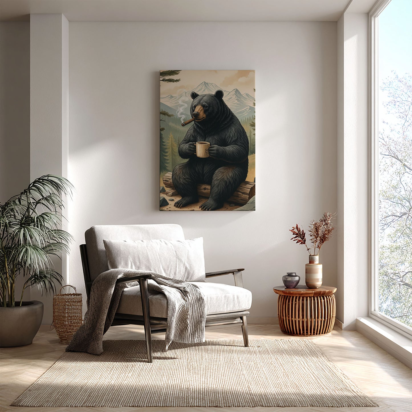 Rustic Bear Wall Art – Coffee & Cigar Cabin Decor Canvas for Hunters, Outdoorsmen & Lodge Gift