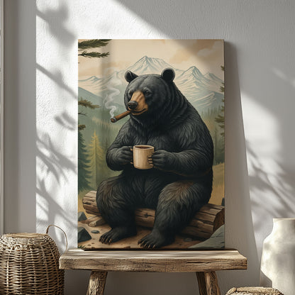 Rustic Bear Wall Art – Coffee & Cigar Cabin Decor Canvas for Hunters, Outdoorsmen & Lodge Gift