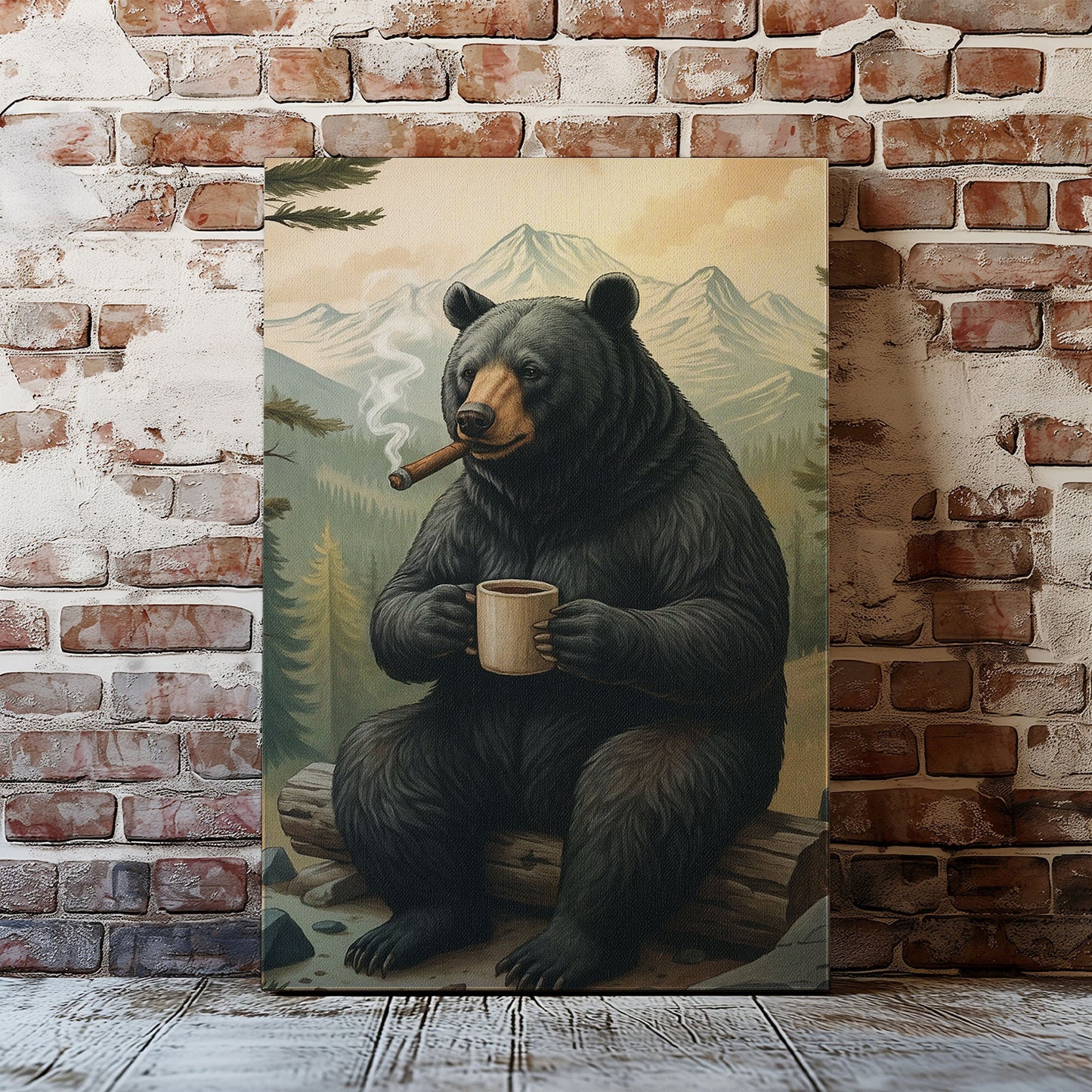 Rustic Bear Wall Art – Coffee & Cigar Cabin Decor Canvas for Hunters, Outdoorsmen & Lodge Gift