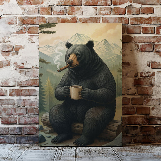 Rustic Bear Wall Art – Coffee & Cigar Cabin Decor Canvas for Hunters, Outdoorsmen & Lodge Gift