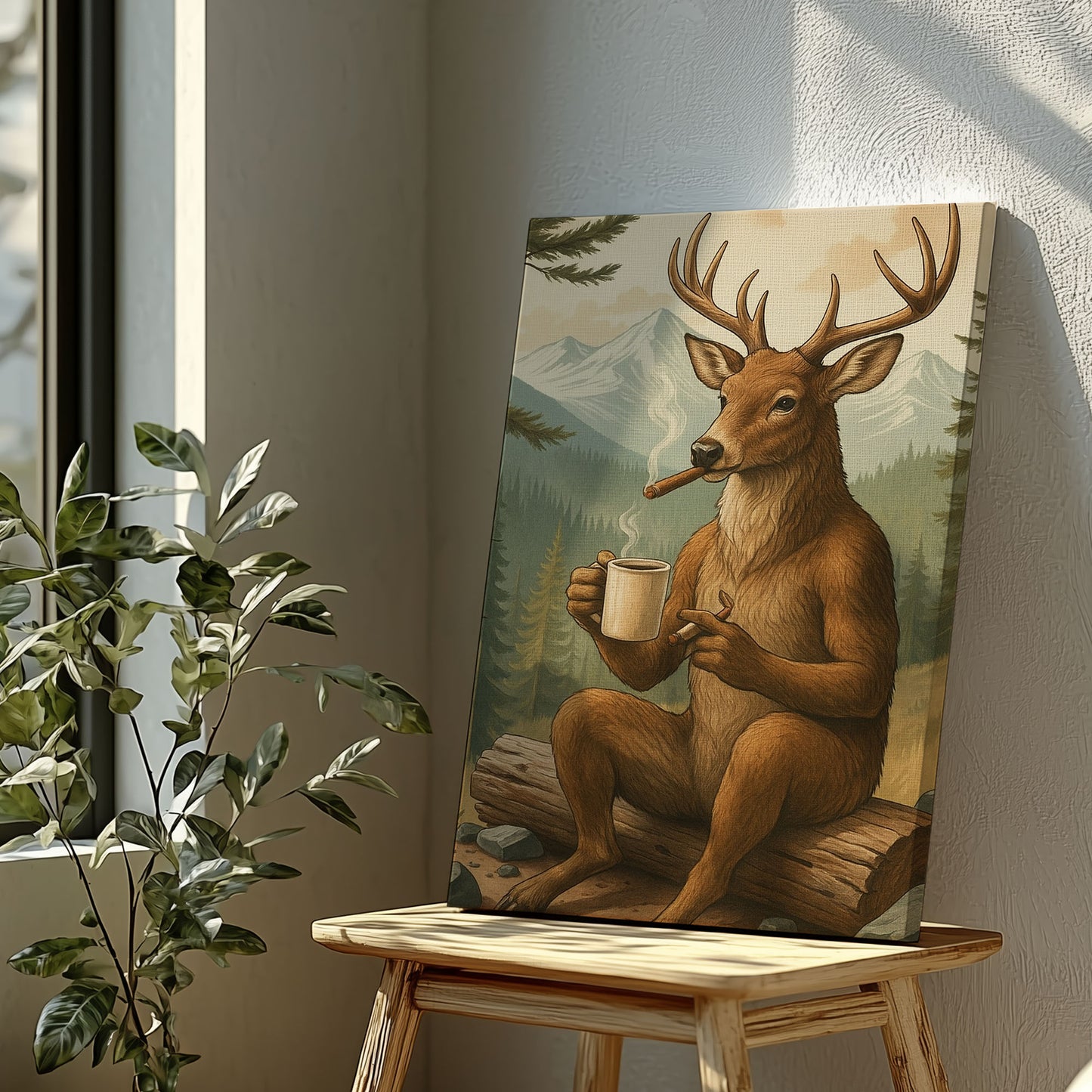 Rustic Deer Wall Art – Coffee & Cigar Cabin Canvas for Hunters, Lodge Decor & Gift for Men