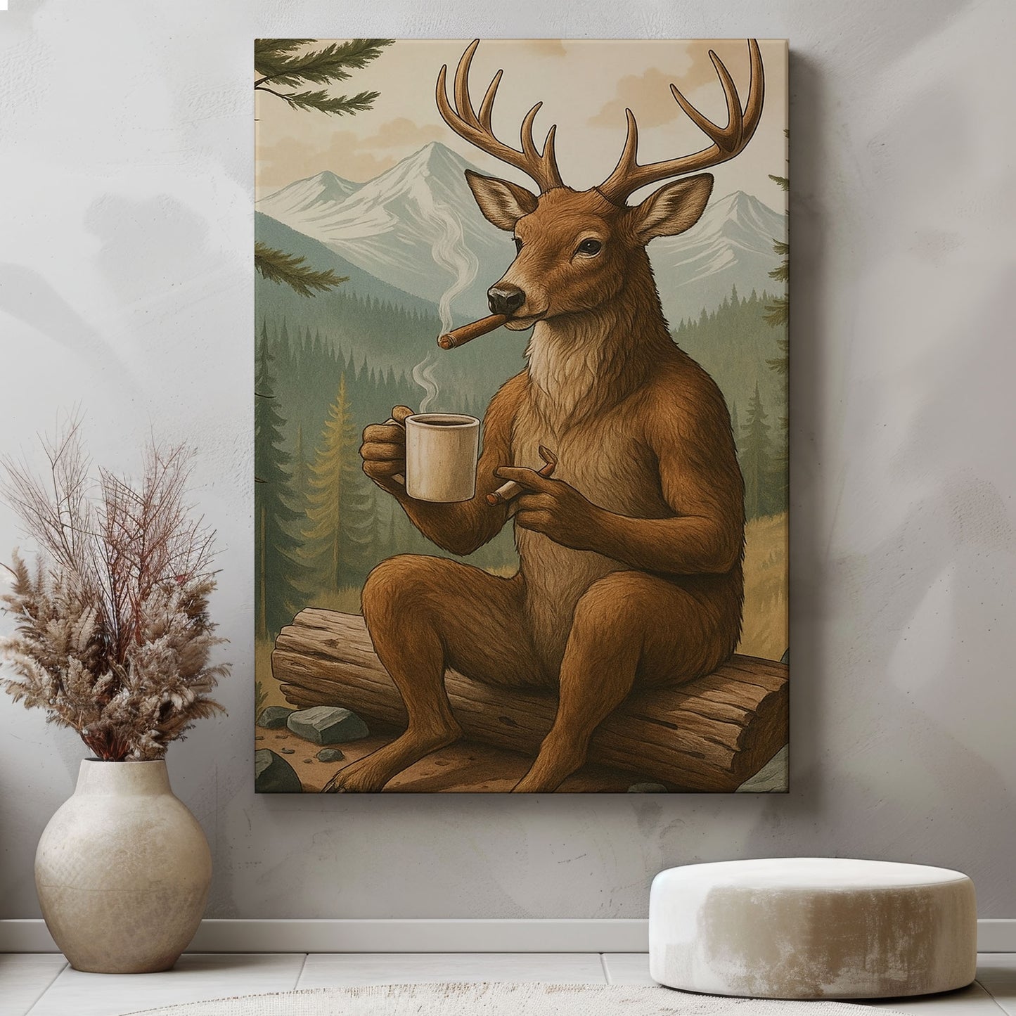 Rustic Deer Wall Art – Coffee & Cigar Cabin Canvas for Hunters, Lodge Decor & Gift for Men