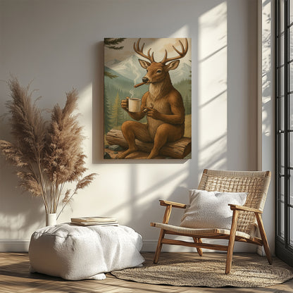 Rustic Deer Wall Art – Coffee & Cigar Cabin Canvas for Hunters, Lodge Decor & Gift for Men