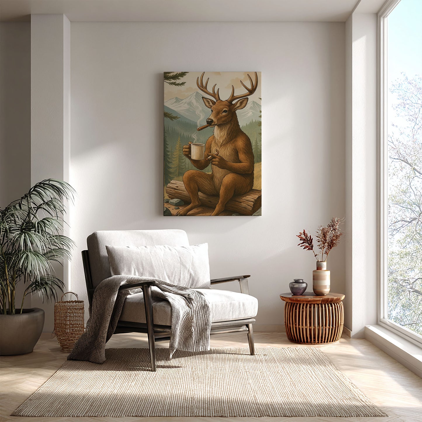 Rustic Deer Wall Art – Coffee & Cigar Cabin Canvas for Hunters, Lodge Decor & Gift for Men