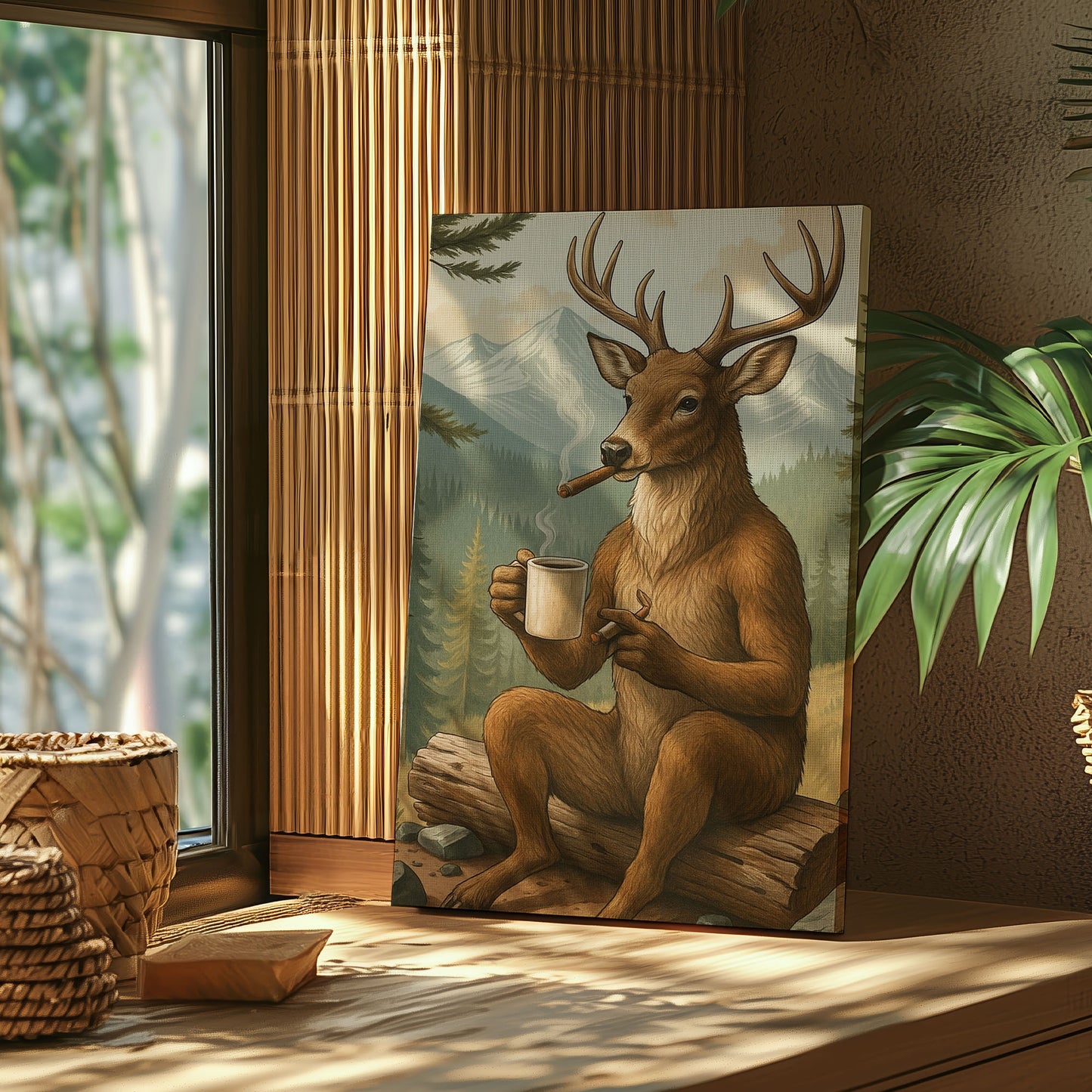 Rustic Deer Wall Art – Coffee & Cigar Cabin Canvas for Hunters, Lodge Decor & Gift for Men