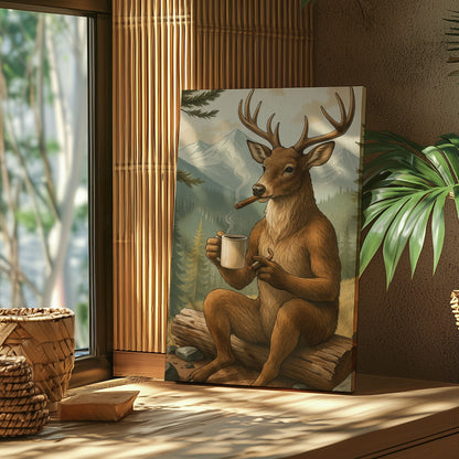 Rustic Deer Wall Art – Coffee & Cigar Cabin Canvas for Hunters, Lodge Decor & Gift for Men