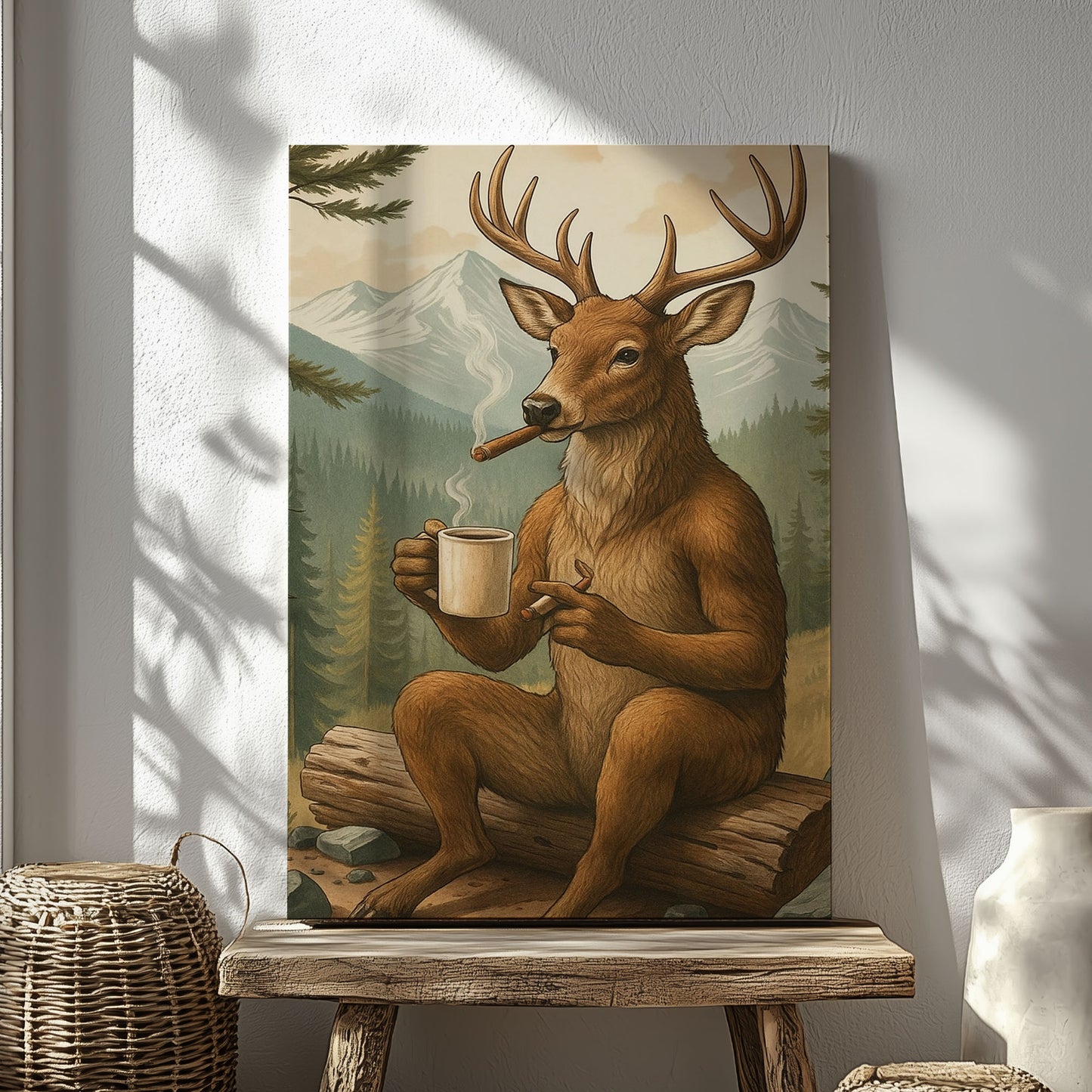 Rustic Deer Wall Art – Coffee & Cigar Cabin Canvas for Hunters, Lodge Decor & Gift for Men