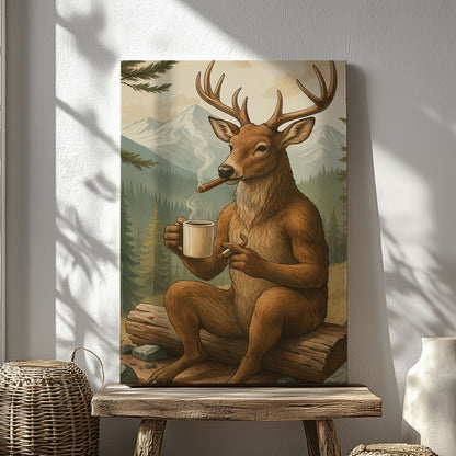 Rustic Deer Wall Art – Coffee & Cigar Cabin Canvas for Hunters, Lodge Decor & Gift for Men