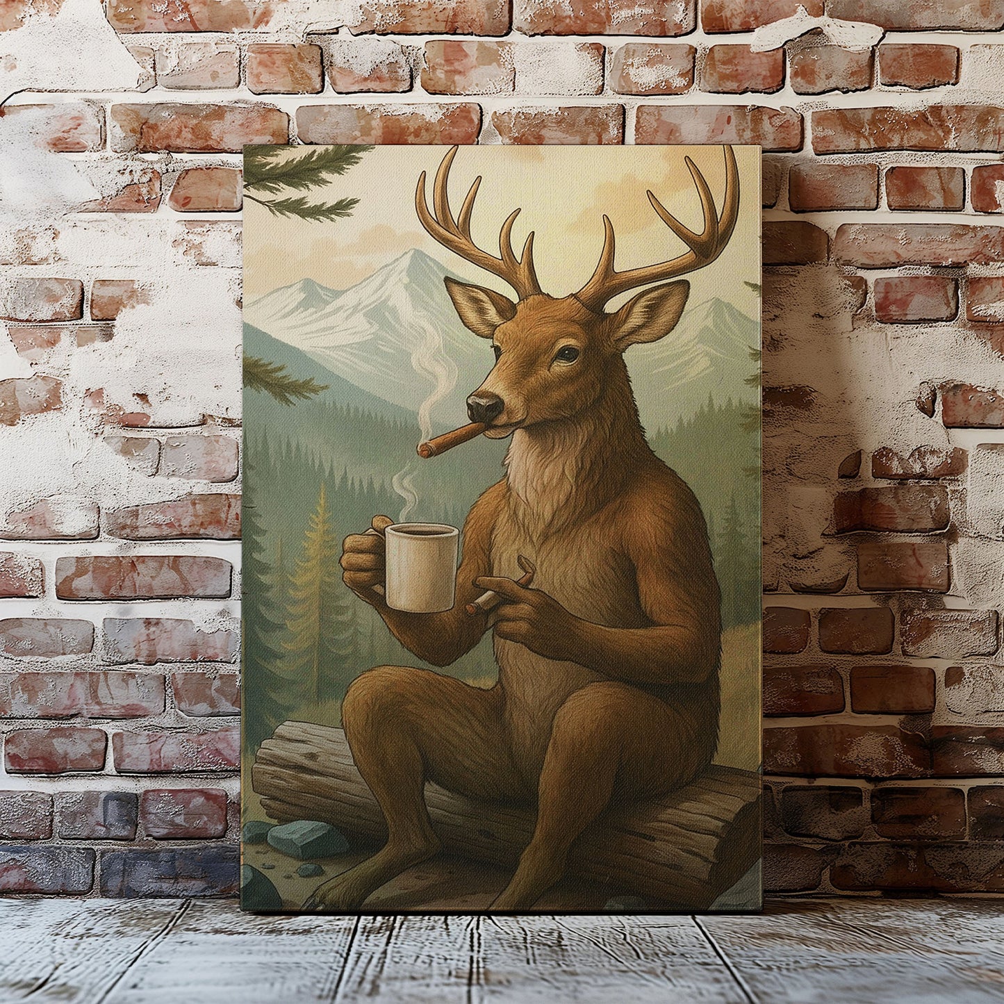 Rustic Deer Wall Art – Coffee & Cigar Cabin Canvas for Hunters, Lodge Decor & Gift for Men