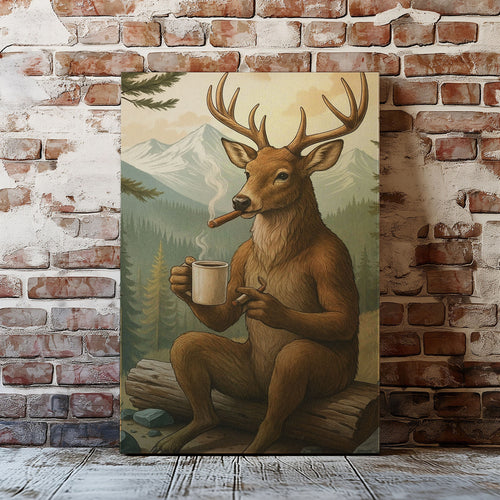 Rustic Deer Wall Art – Coffee & Cigar Cabin Canvas for Hunters, Lodge Decor & Gift for Men