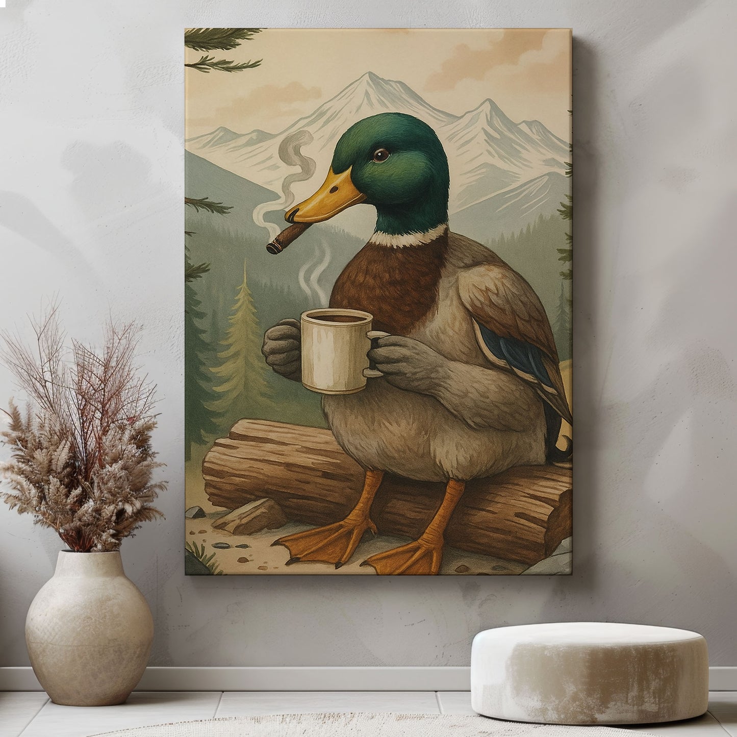Funny Duck Coffee & Cigar Canvas – Rustic Cabin Wall Art Gift for Hunters & Lodge Decor
