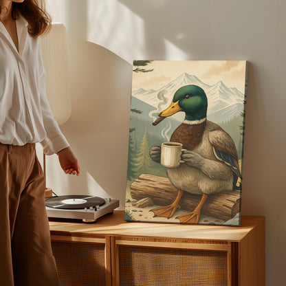 Funny Duck Coffee & Cigar Canvas – Rustic Cabin Wall Art Gift for Hunters & Lodge Decor