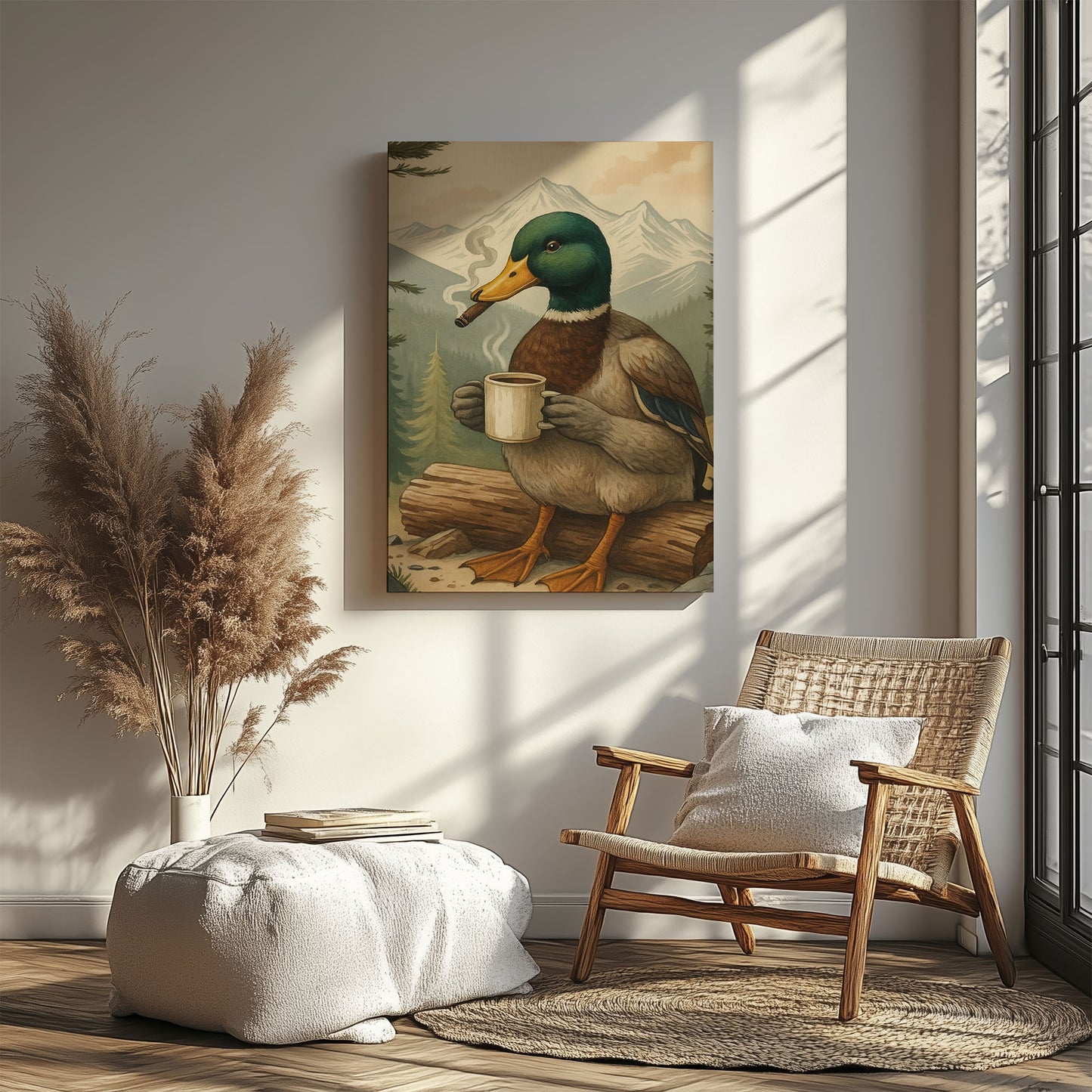 Funny Duck Coffee & Cigar Canvas – Rustic Cabin Wall Art Gift for Hunters & Lodge Decor