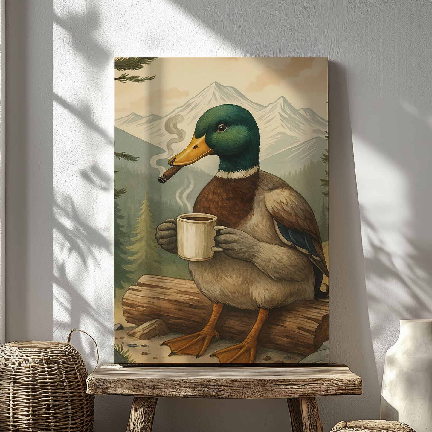 Funny Duck Coffee & Cigar Canvas – Rustic Cabin Wall Art Gift for Hunters & Lodge Decor