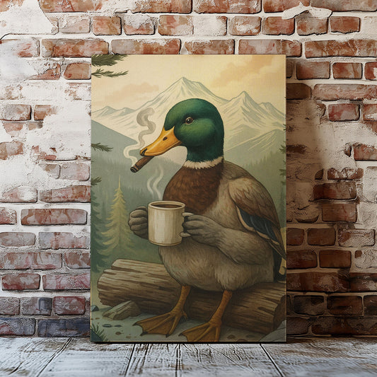 Funny Duck Coffee & Cigar Canvas – Rustic Cabin Wall Art Gift for Hunters & Lodge Decor