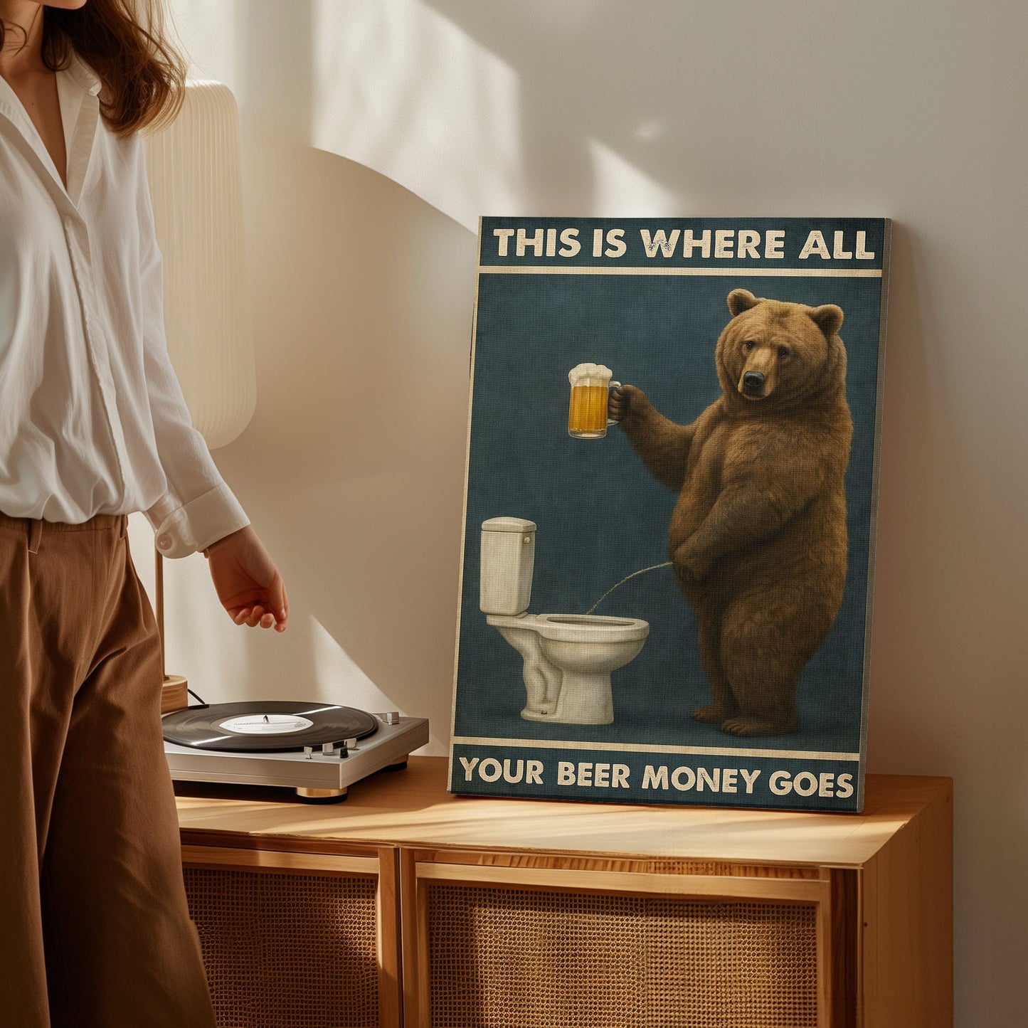 Funny Beer Bear Canvas – Hilarious Bathroom & Bar Wall Art
