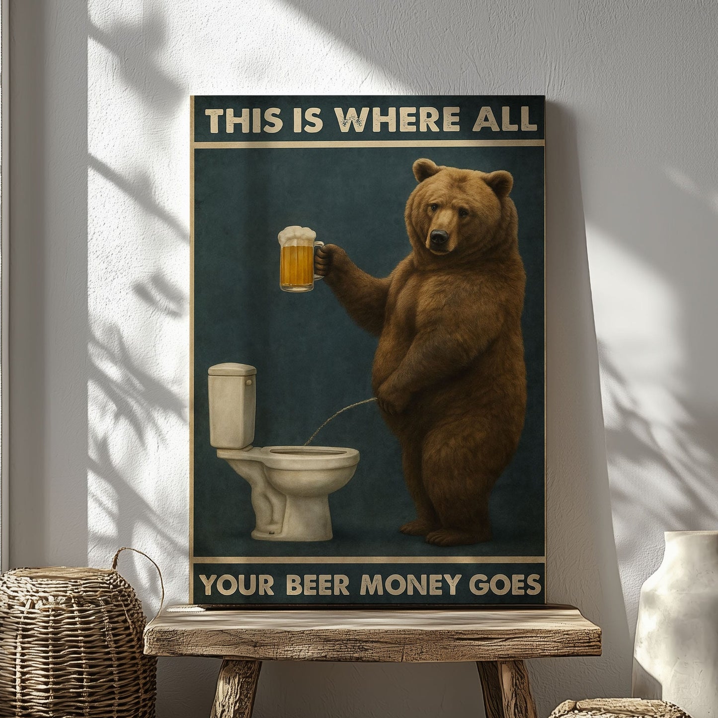 Funny Beer Bear Canvas – Hilarious Bathroom & Bar Wall Art
