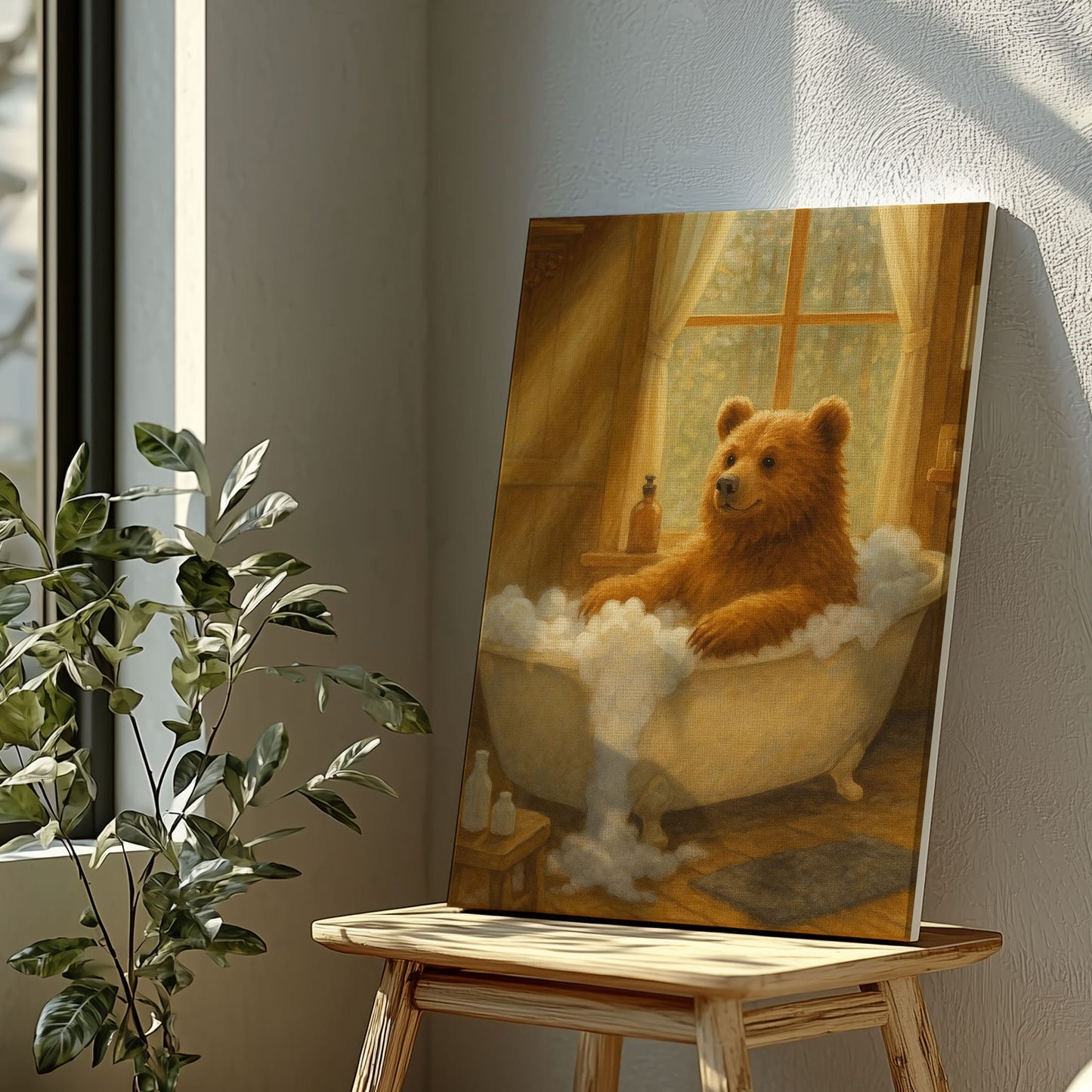 Cozy Bear Bath Canvas – Cute Animal Bathroom Wall Art