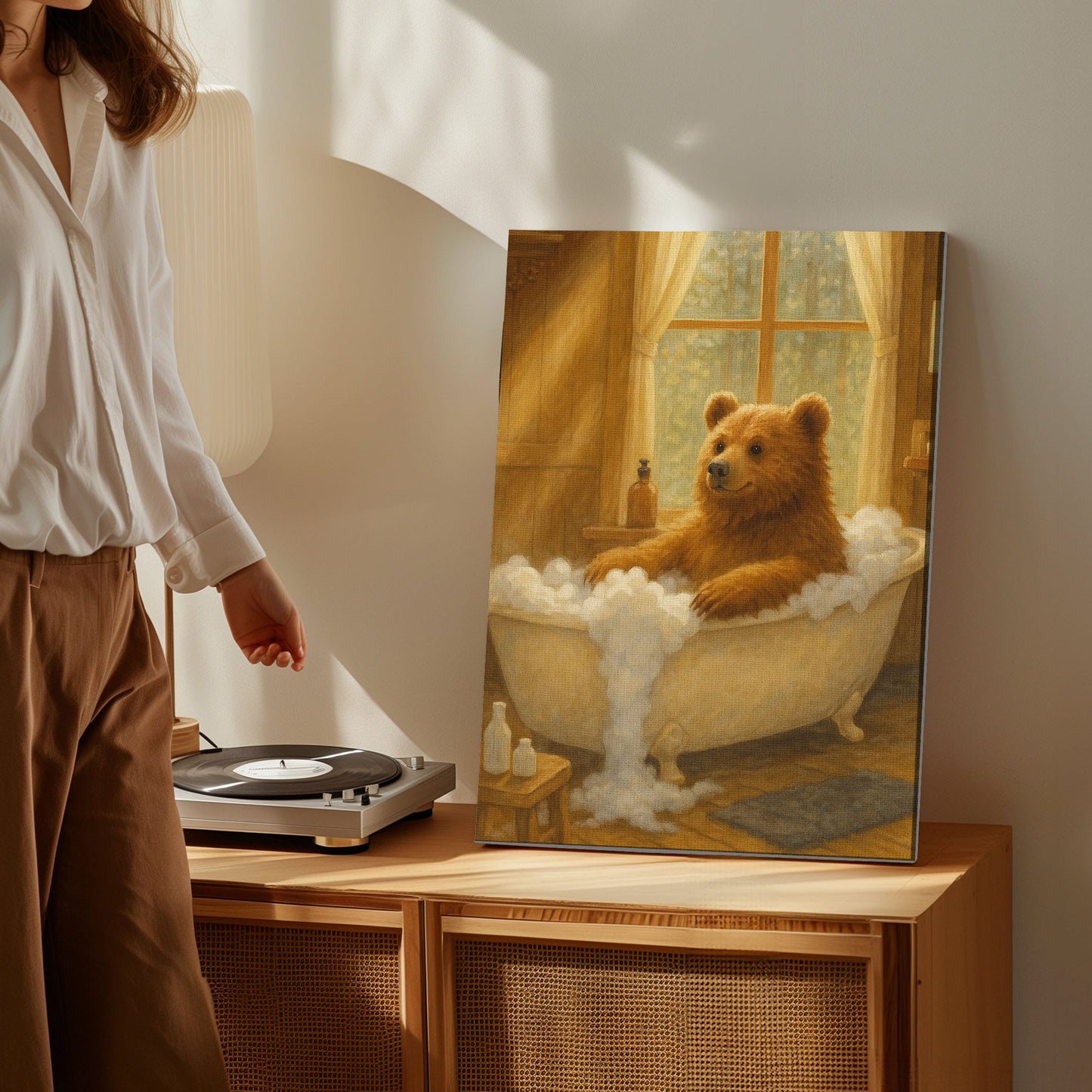 Cozy Bear Bath Canvas – Cute Animal Bathroom Wall Art