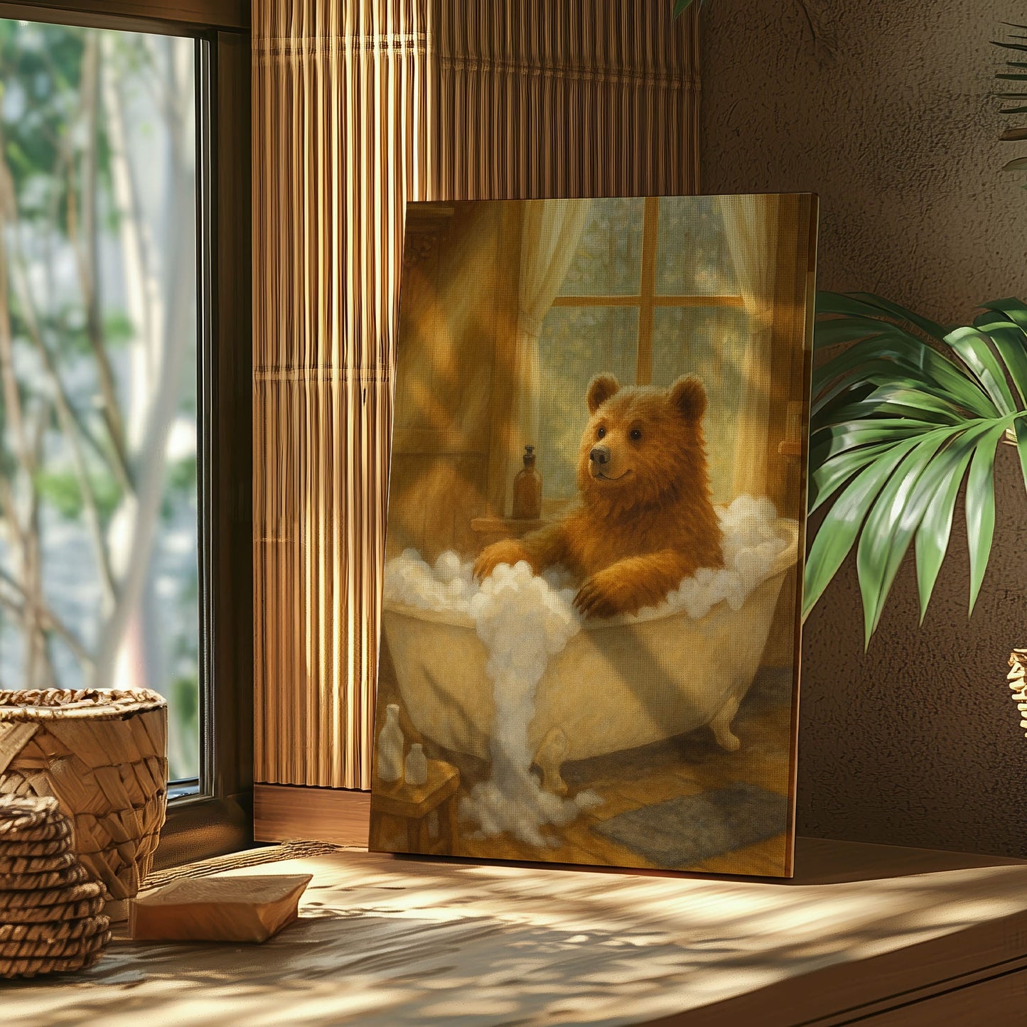 Cozy Bear Bath Canvas – Cute Animal Bathroom Wall Art