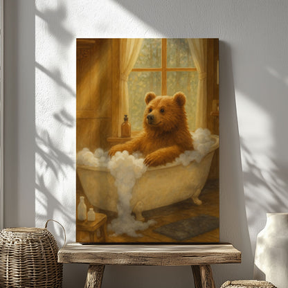 Cozy Bear Bath Canvas – Cute Animal Bathroom Wall Art