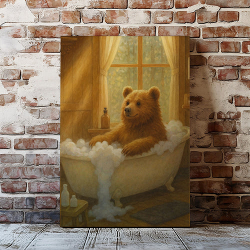 Cozy Bear Bath Canvas – Cute Animal Bathroom Wall Art