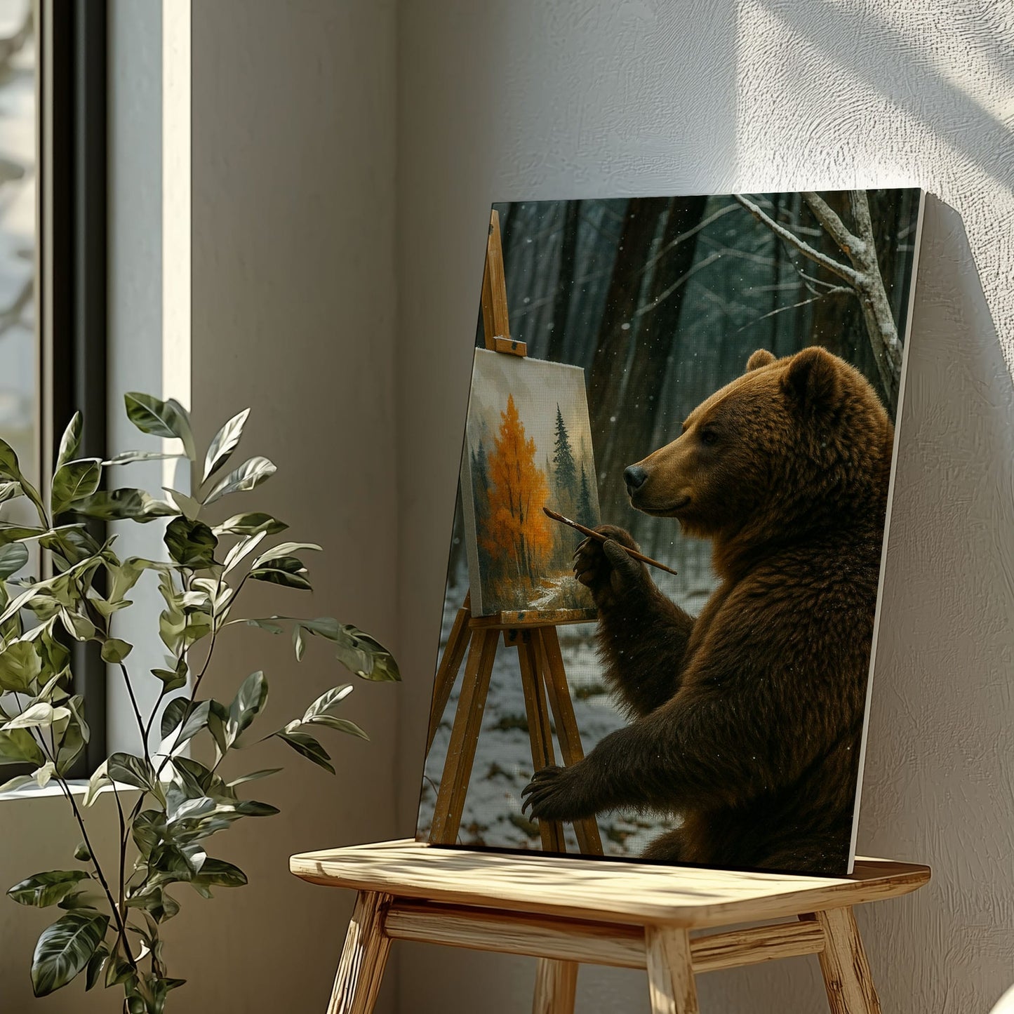 Artist Bear Canvas – Cozy Forest Painting Wall Ar