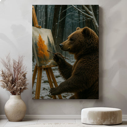 Artist Bear Canvas – Cozy Forest Painting Wall Ar