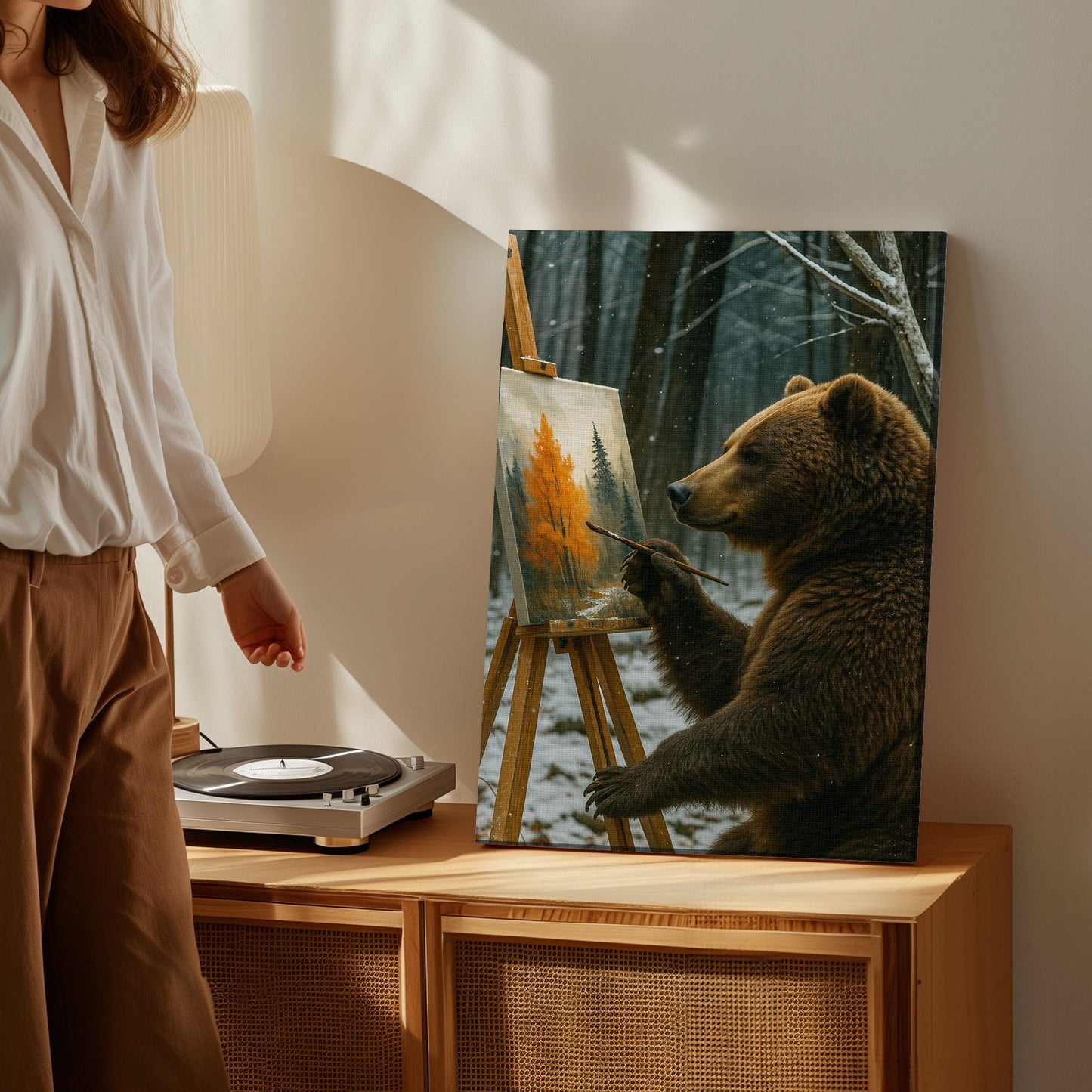 Artist Bear Canvas – Cozy Forest Painting Wall Ar