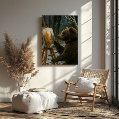 Artist Bear Canvas – Cozy Forest Painting Wall Ar