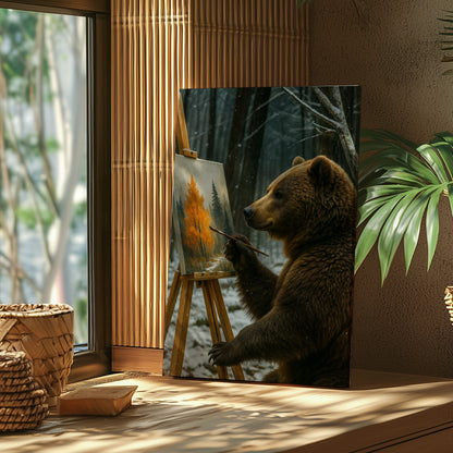Artist Bear Canvas – Cozy Forest Painting Wall Ar