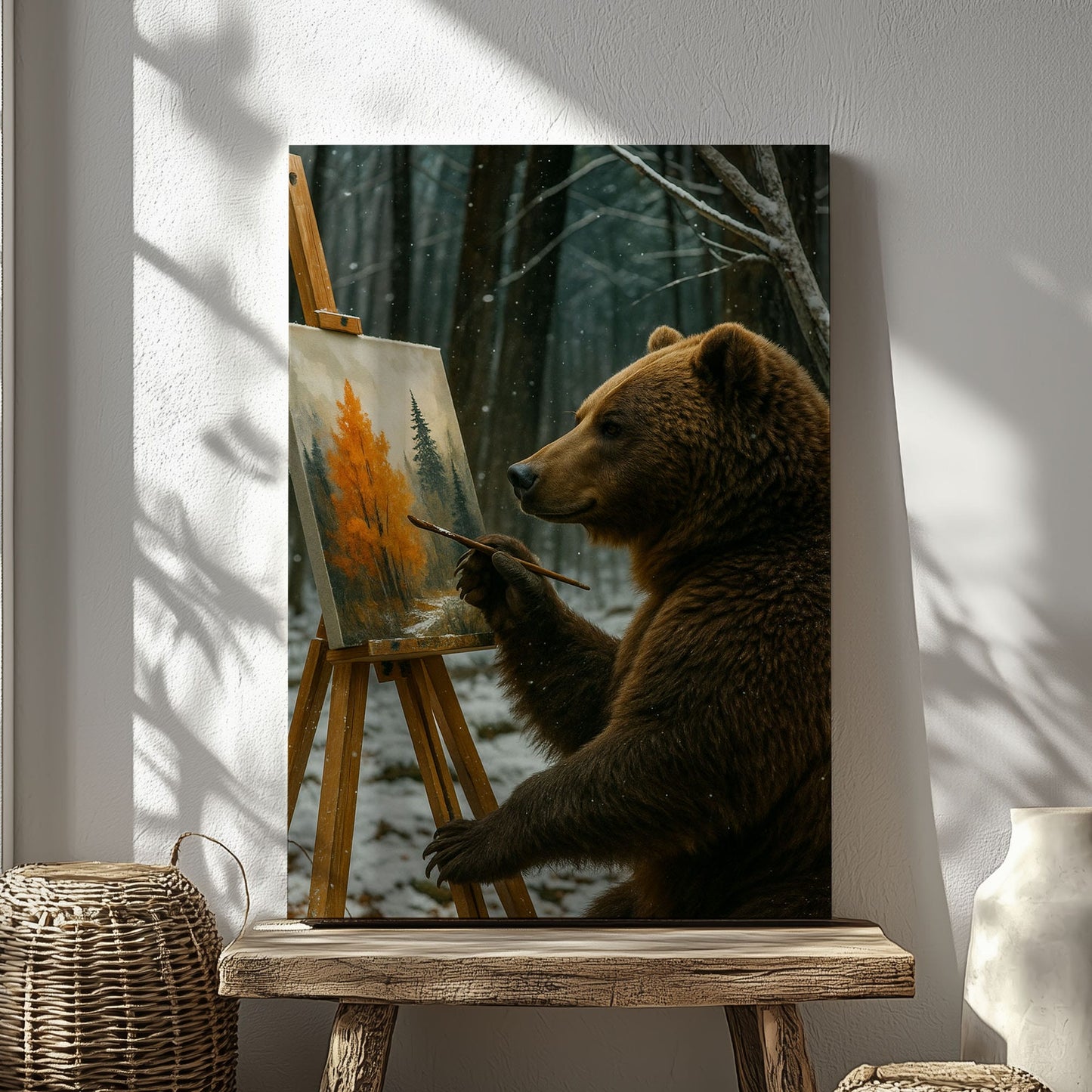 Artist Bear Canvas – Cozy Forest Painting Wall Ar