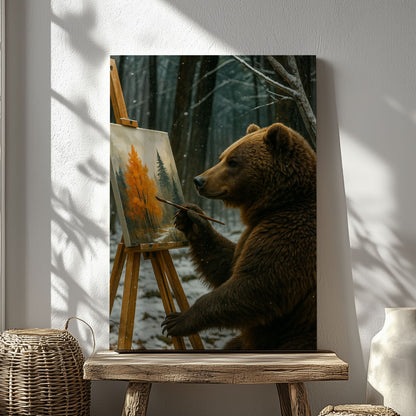 Artist Bear Canvas – Cozy Forest Painting Wall Ar