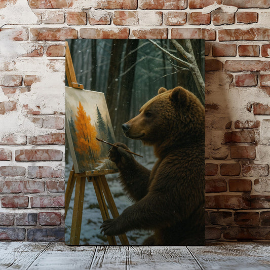 Artist Bear Canvas – Cozy Forest Painting Wall Ar