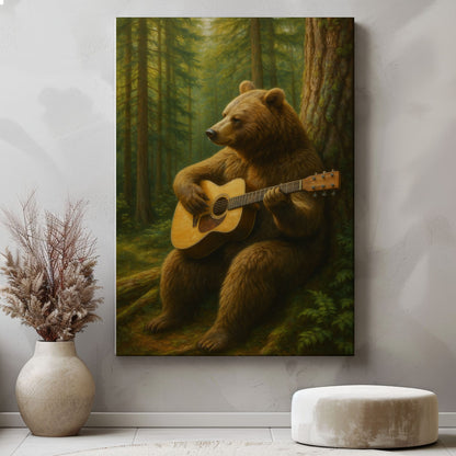 Guitar Bear Canvas Rustic Forest Animal Wall Art