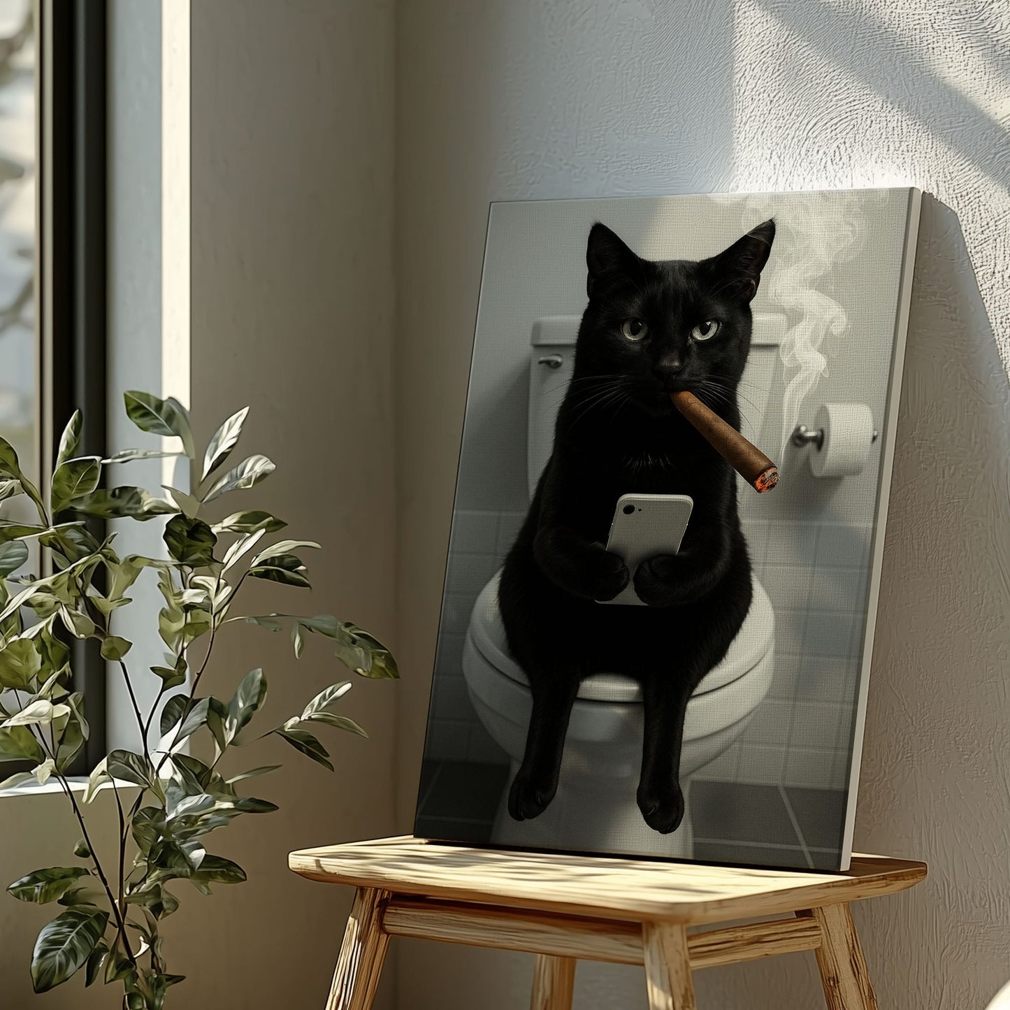 Funny Toilet Cigar Cat Canvas Bathroom Wall Art