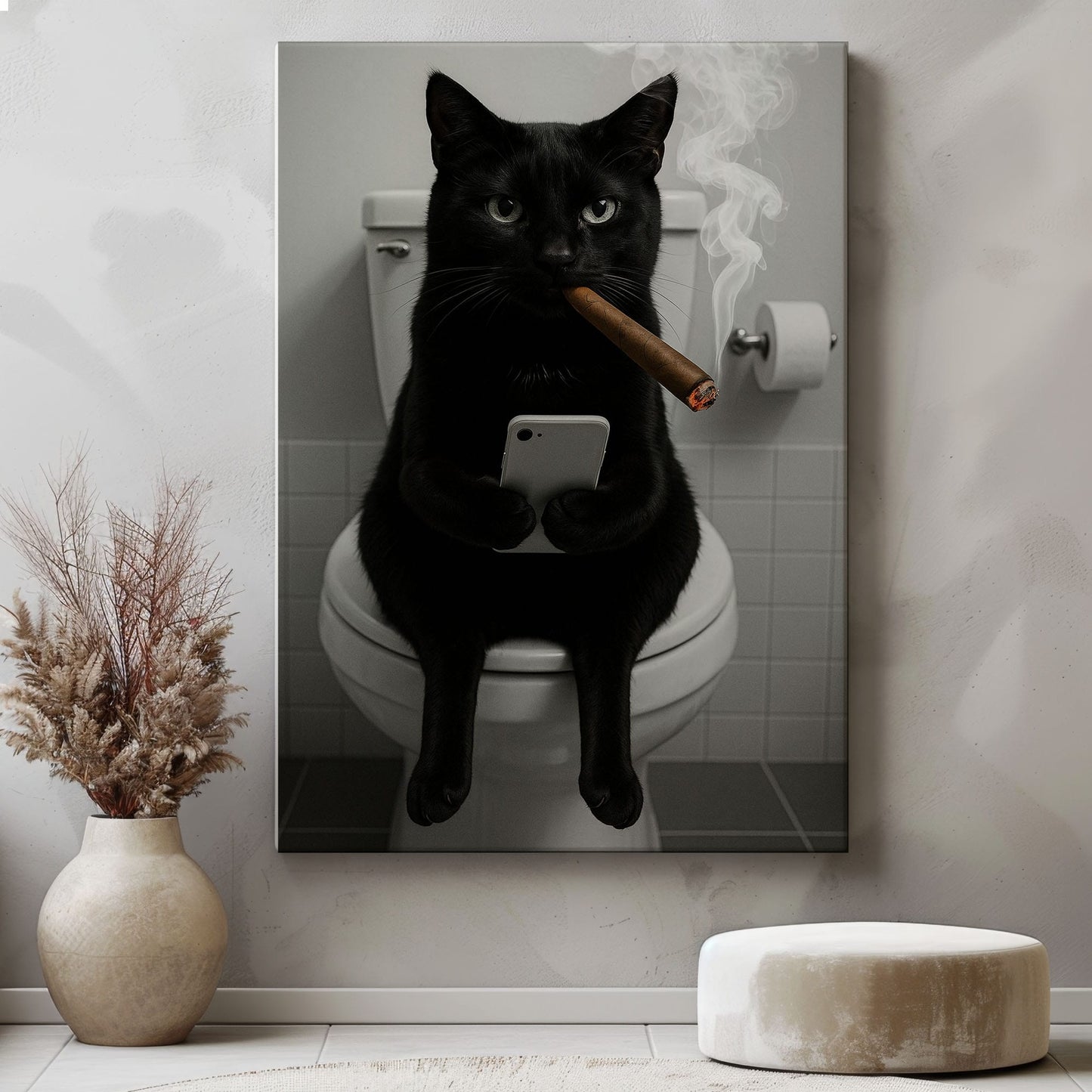 Funny Toilet Cigar Cat Canvas Bathroom Wall Art