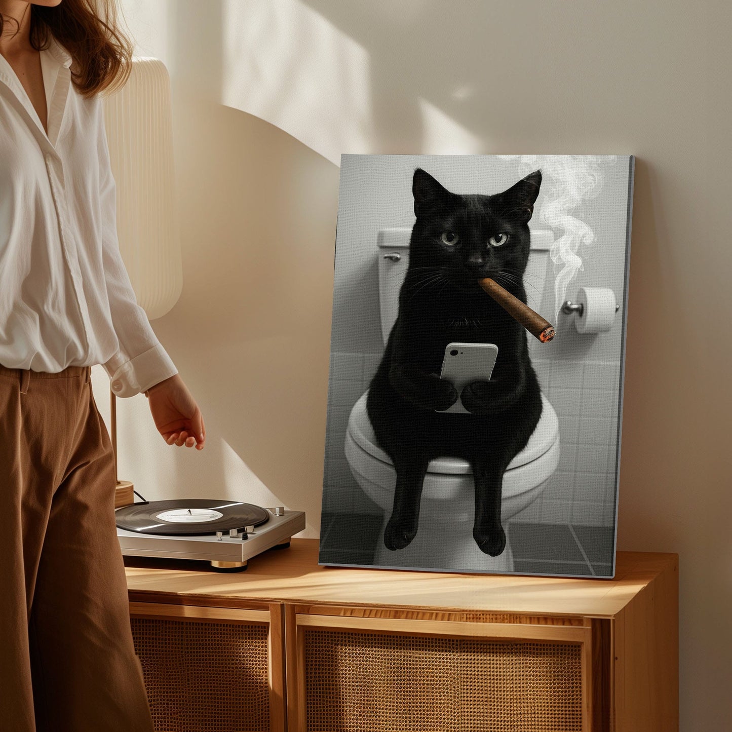 Funny Toilet Cigar Cat Canvas Bathroom Wall Art