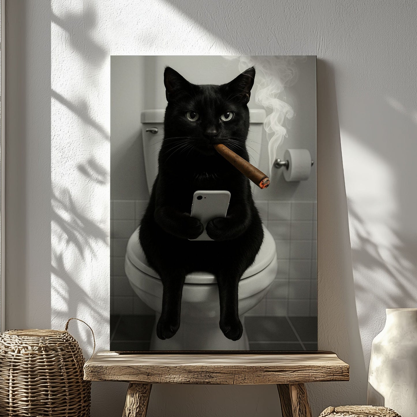 Funny Toilet Cigar Cat Canvas Bathroom Wall Art
