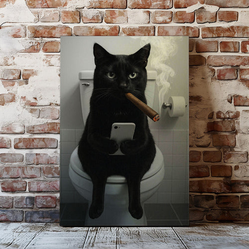 Funny Toilet Cigar Cat Canvas Bathroom Wall Art
