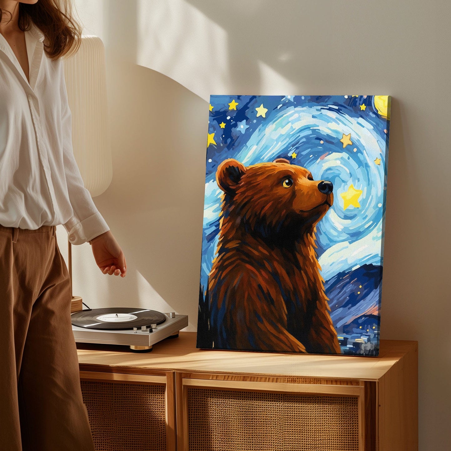 Starry Night Bear Canvas Whimsical Celestial Animal Wall Art