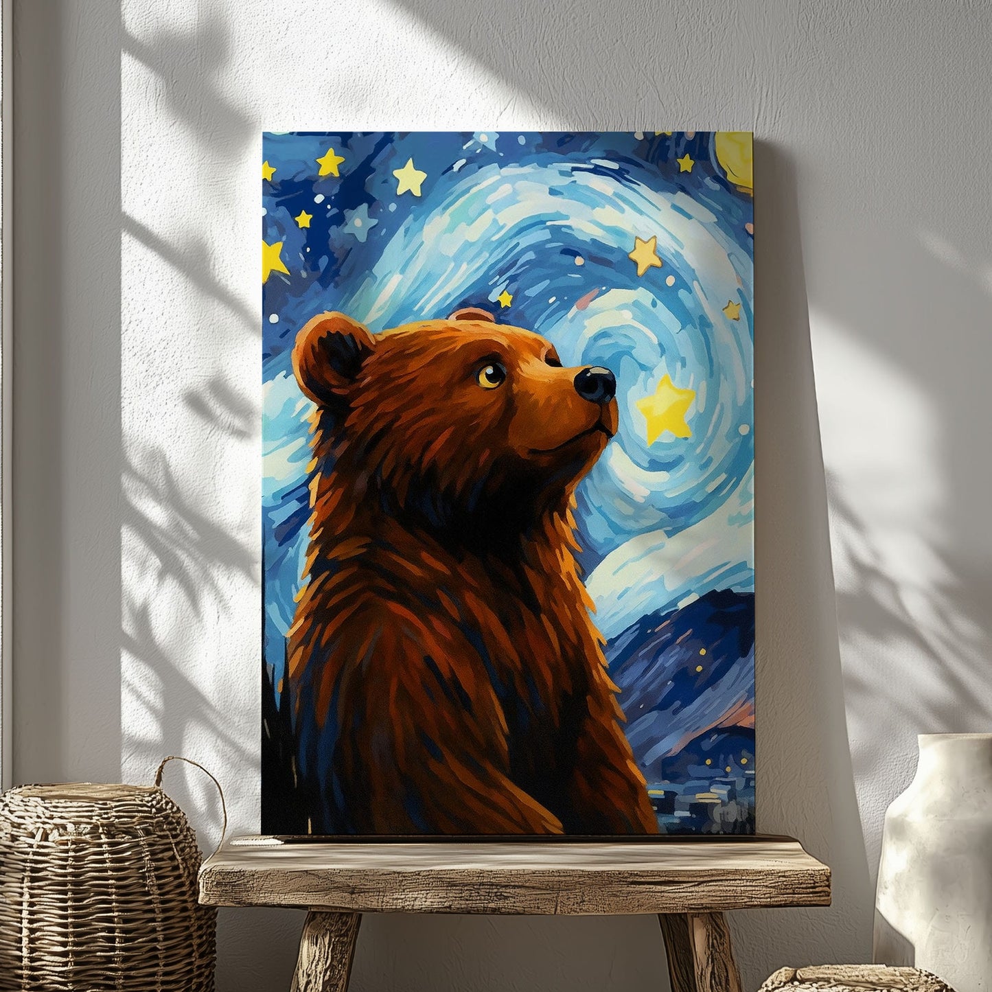Starry Night Bear Canvas Whimsical Celestial Animal Wall Art