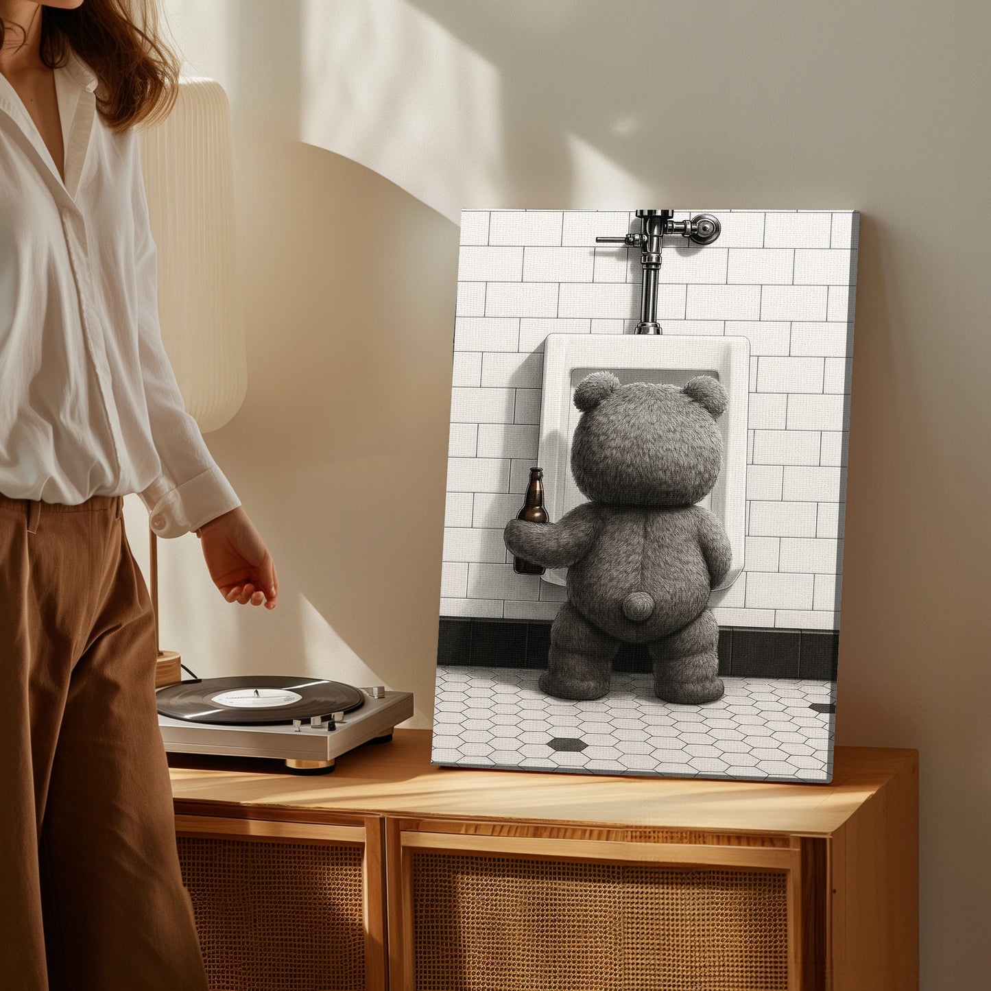 Funny Drunk Bear Canvas Hilarious Bathroom & Man Cave Wall Art