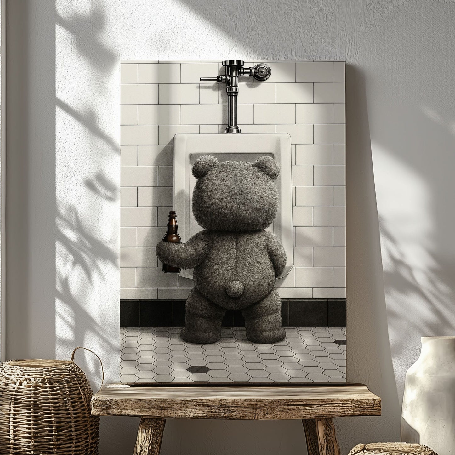 Funny Drunk Bear Canvas Hilarious Bathroom & Man Cave Wall Art