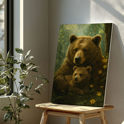 Mama Bear & Cub Canvas Cozy Forest Wildlife Wall Art