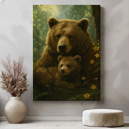 Mama Bear & Cub Canvas Cozy Forest Wildlife Wall Art
