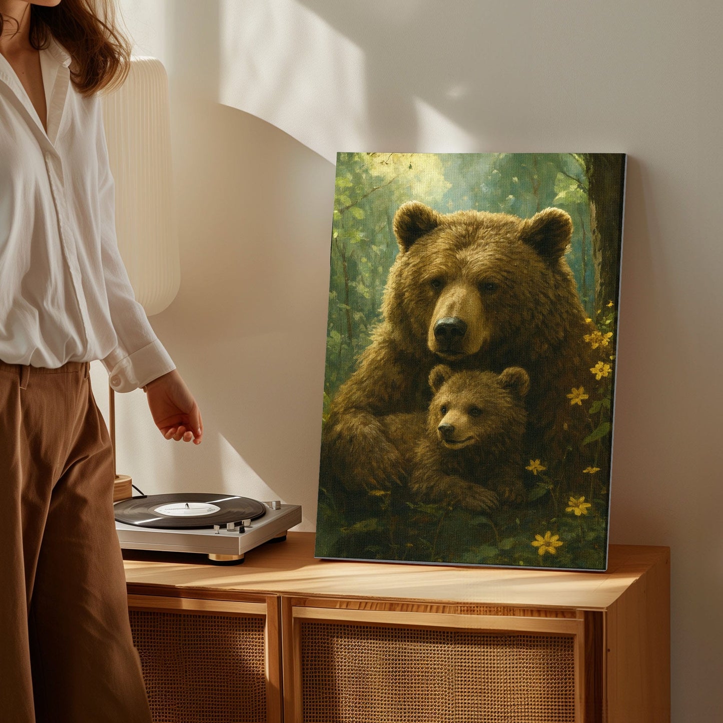Mama Bear & Cub Canvas Cozy Forest Wildlife Wall Art
