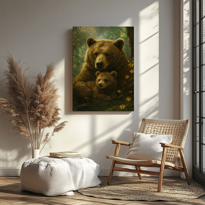 Mama Bear & Cub Canvas Cozy Forest Wildlife Wall Art